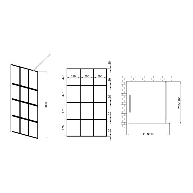Invena ścianka walk-in ii 120x200cm loft kratka 8mm shiny-glass czarna