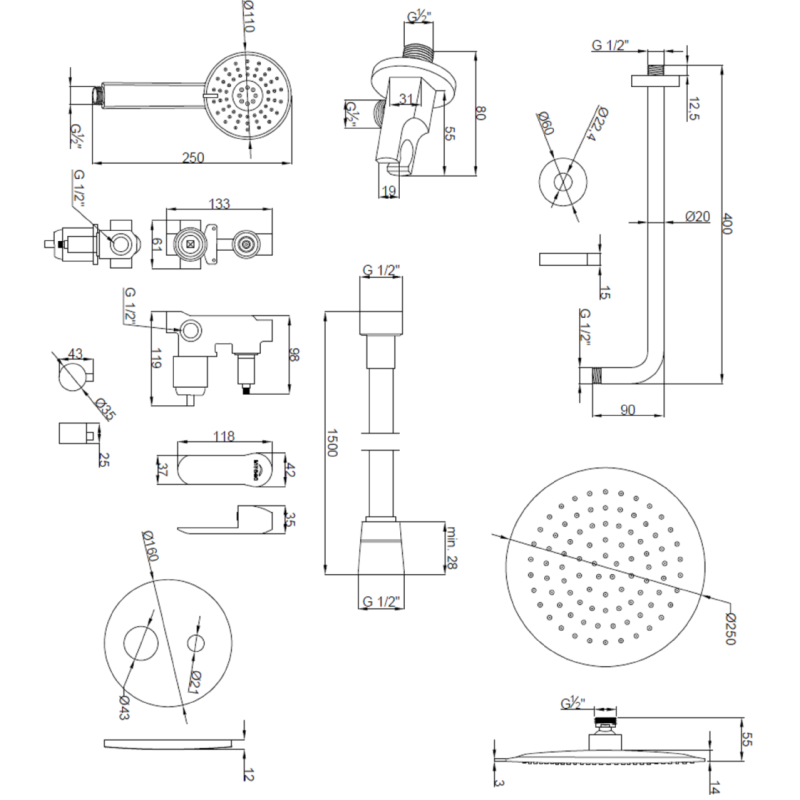 Invena Siros zestaw podtynkowy z baterią, okrągła, czarny