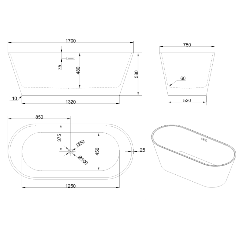 Invena Limnos wanna wolnostojąca 170 cm z syfonem czarnym