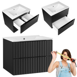 Wiszący zestaw szafka z umywalką 60 cm Astor AMY czarny ryflowany, nowoczesny design, czarne uchwyty