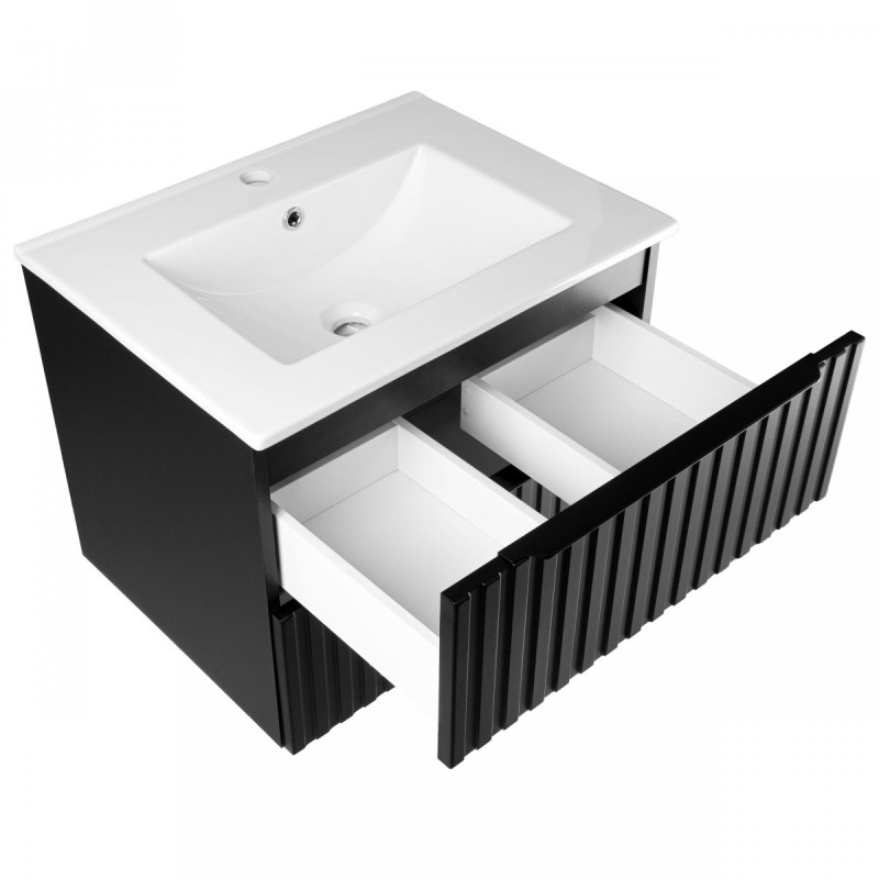 Wiszący zestaw szafka z umywalką 60 cm Astor AMY czarny ryflowany, nowoczesny design, czarne uchwyty