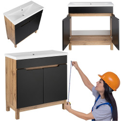 Zestaw Astor Alma: Szafka stojąca z umywalką 80 cm, Czarny Wotan, Drzwiczki