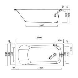 Cersanit wanna prostokątna Nao 150x70 z białą obudową, syfonem i nóżkami