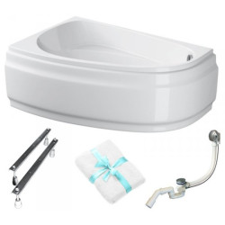 Cersanit wanna asymetryczna Joanna 150x95 lewa z białą obudową, syfonem i nóżkami