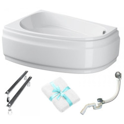 Cersanit wanna asymetryczna Joanna 150x95 prawa z białą obudową, syfonem i nóżkami