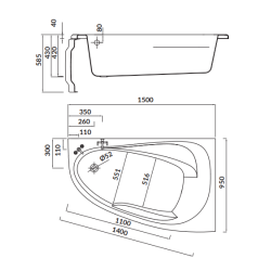 Cersanit wanna asymetryczna Joanna 150x95 prawa z białą obudową, syfonem i nóżkami