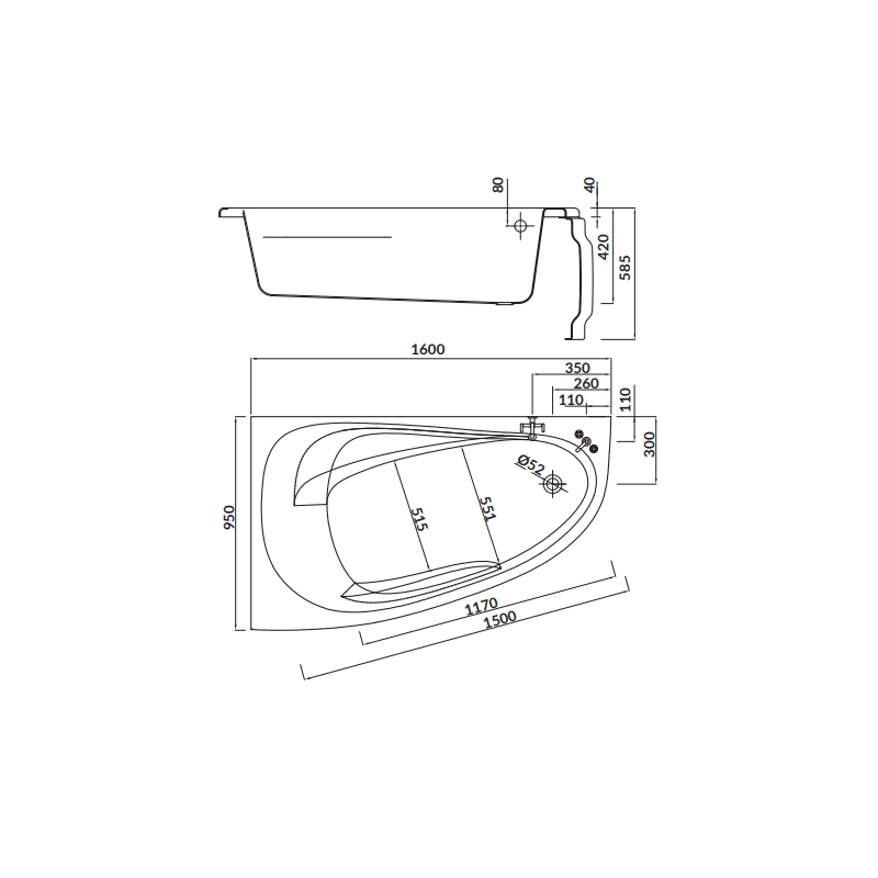 Cersanit wanna asymetryczna Joanna 160x95 lewa z białą obudową, syfonem i nóżkami