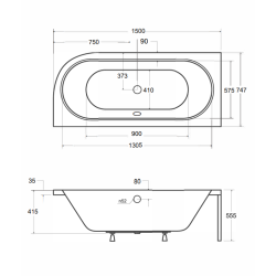 Besco wanna asymetryczna Avita lewa 150x75 z czarną ryflowaną obudową, czarnym syfonem i nóżkami