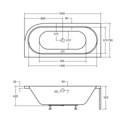 Besco wanna asymetryczna Avita lewa 160x75 z białą ryflowaną obudową,białym syfonem i nóżkami