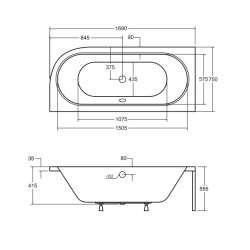 Besco wanna asymetryczna Avita lewa 170x75 z czarną ryflowaną obudową, czarnym syfonem i nóżkami