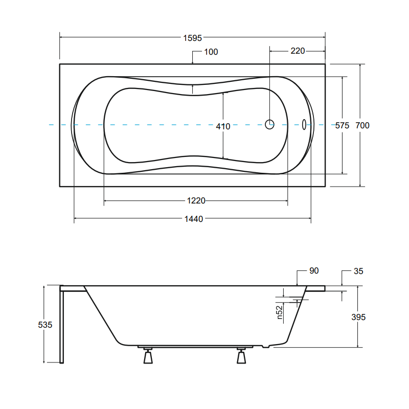 Besco wanna prostokątna Aria 160x70 z czarną obudową, syfonem chrom i nóżkami