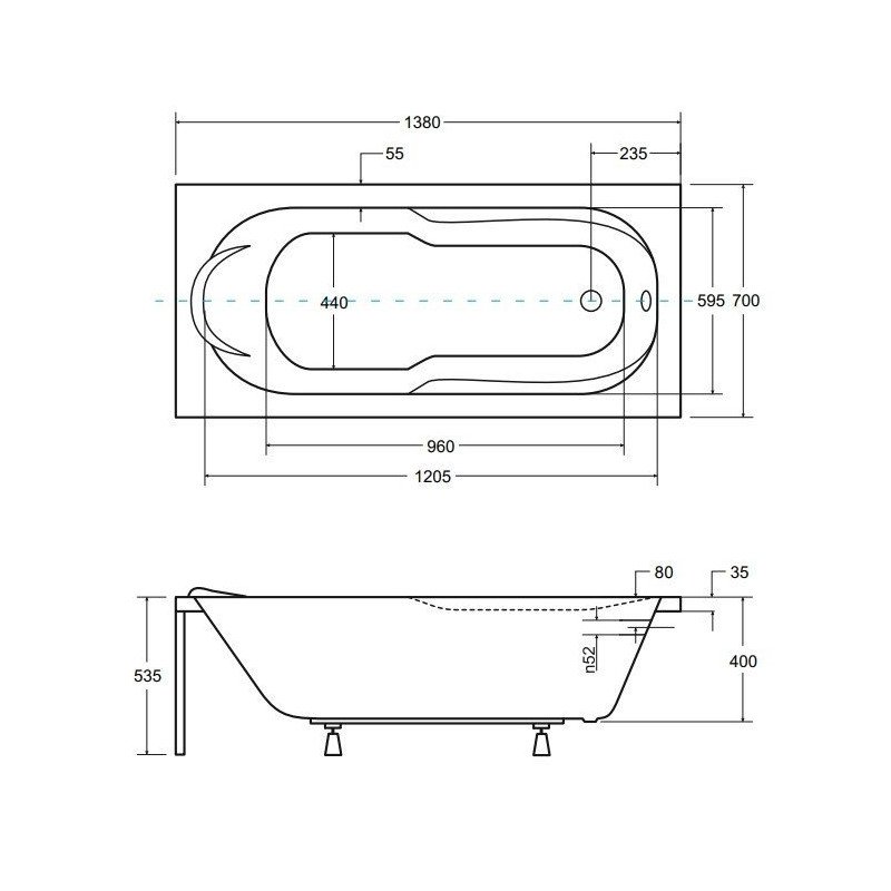 Besco wanna prostokątna Bona 140x70 z syfonem chrom i nóżkami