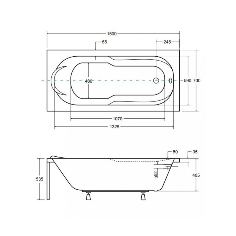 Besco wanna prostokątna Bona 150x70 z syfonem chrom i nóżkami