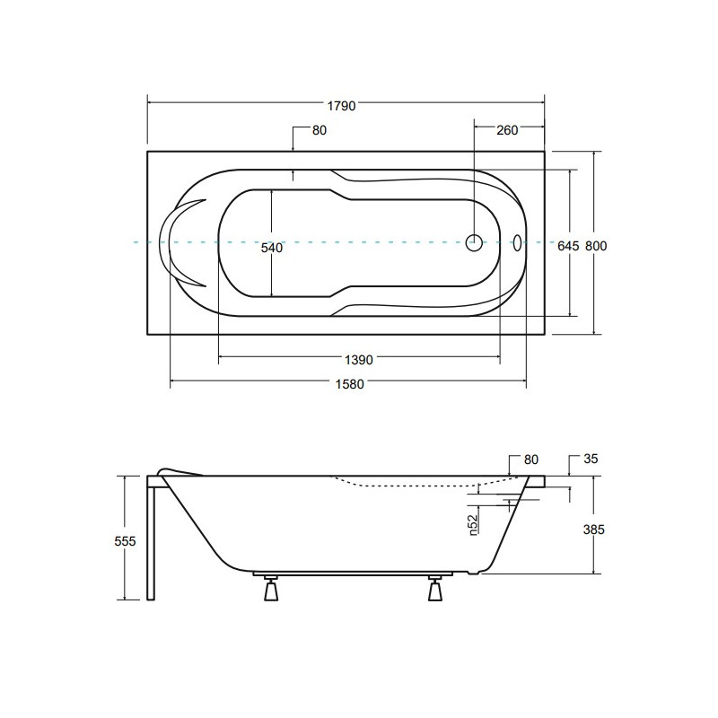 Besco wanna prostokątna Bona 180x80 z syfonem chrom i nóżkami