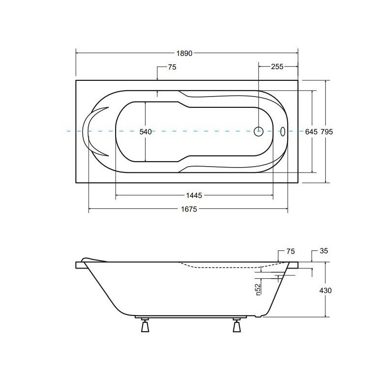 Besco wanna prostokątna Bona 190x80 z syfonem chrom i nóżkami
