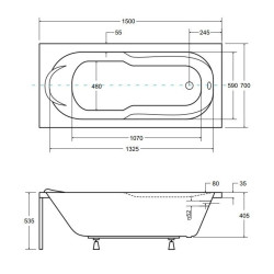 Besco wanna prostokątna Bona 150x70z białą obudową, syfonem chrom i nóżkami