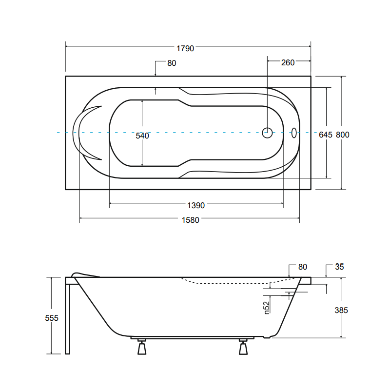Besco wanna prostokątna Bona 180x80 z białą ryflowaną obudową, syfonem chrom i nóżkami