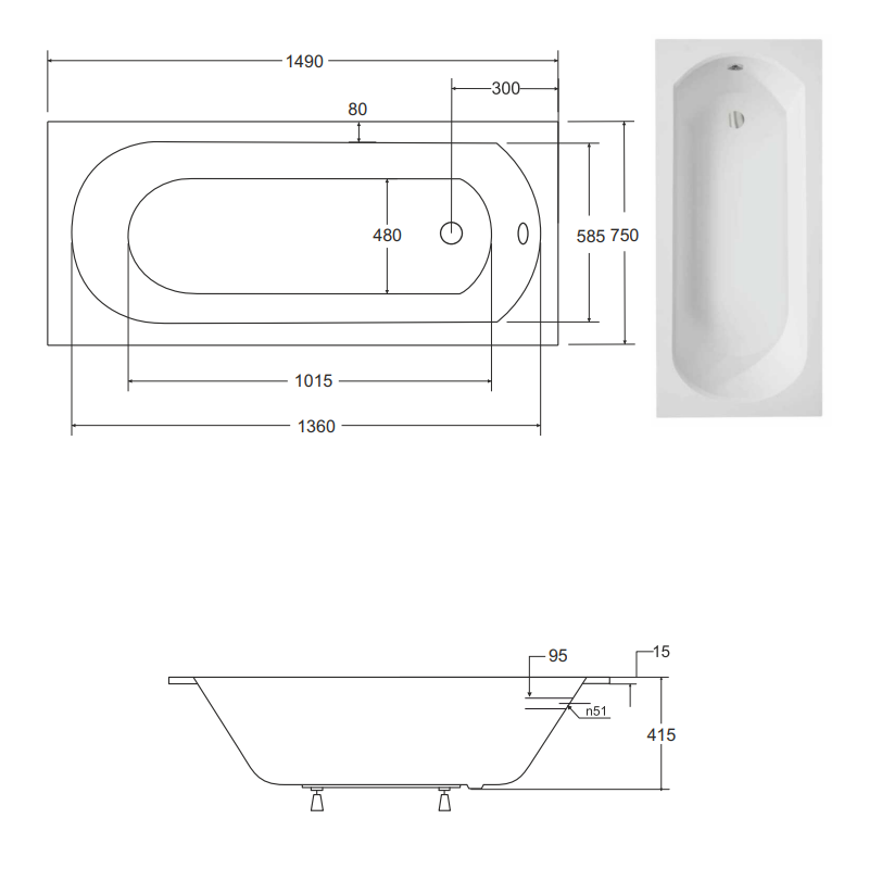 Besco wanna prostokątna Intrica Slim 150x75 z syfonem chrom i nóżkami