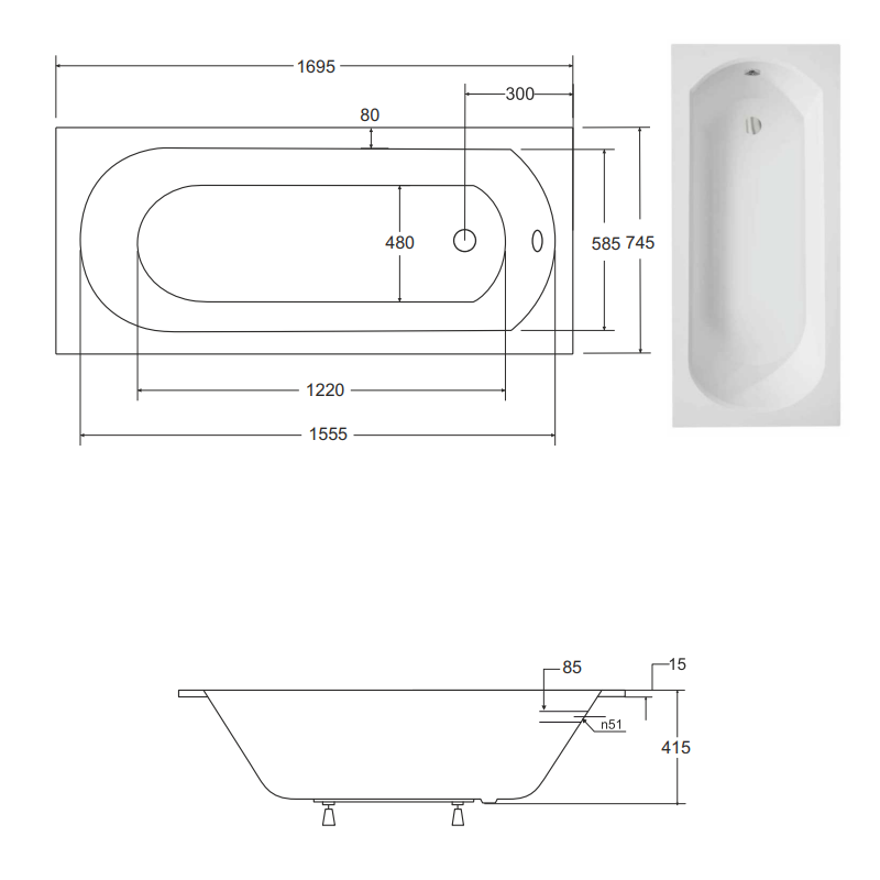 Besco wanna prostokątna Intrica Slim 170x75 z syfonem chrom i nóżkami