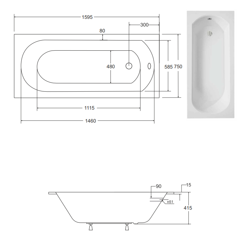 Besco wanna prostokątna Intrica 160x75 z syfonem chrom i nóżkami