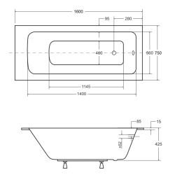 Besco wanna prostokątna Talia Slim 160x75 z syfonem chrom i nóżkami