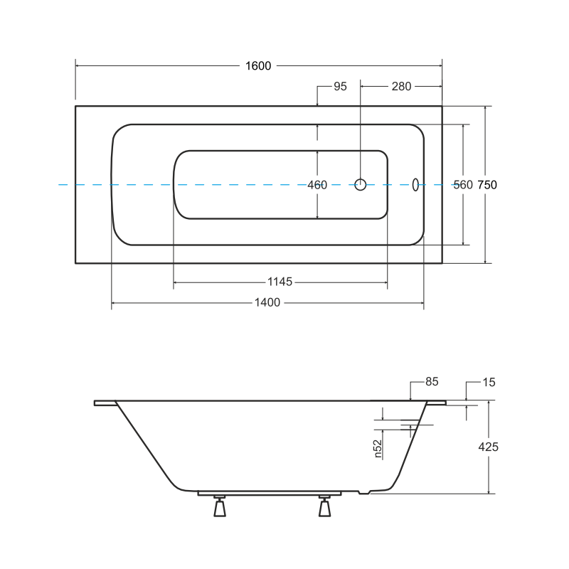 Besco wanna prostokątna Talia Slim 160x75 z syfonem chrom i nóżkami