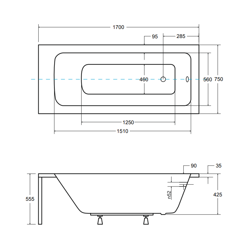 Besco wanna prostokątna Talia Premium 170x75 z białą obudową, syfonem chrom i nóżkami