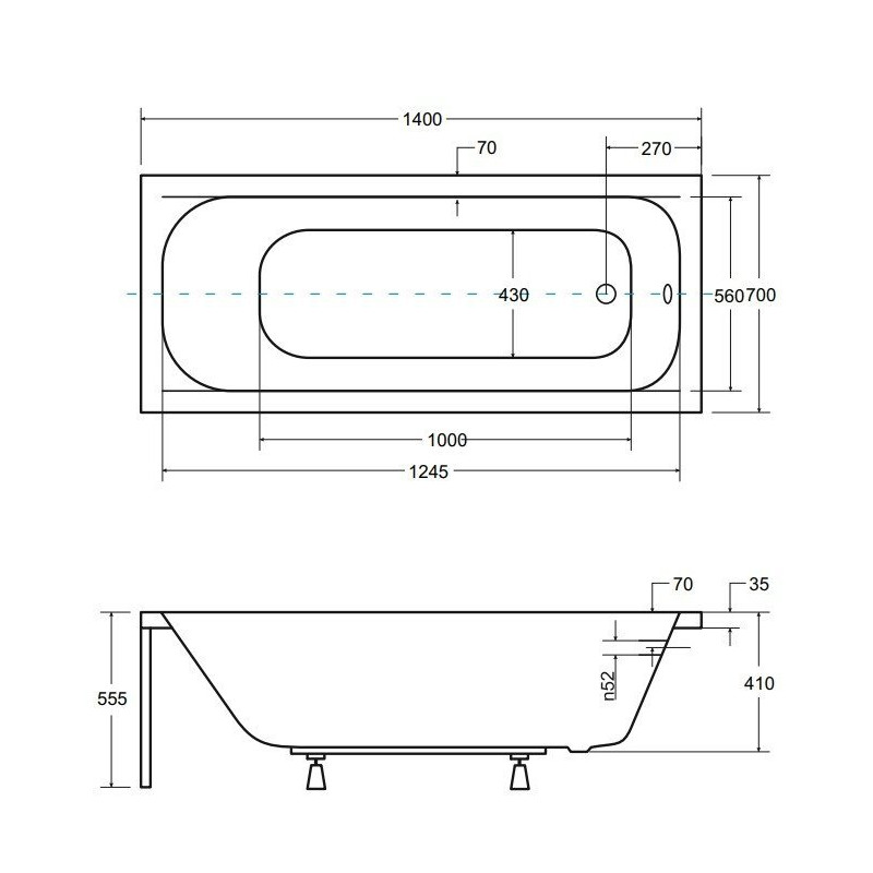 Besco wanna prostokątna Continea 140x70 z syfonem chrom i nóżkami
