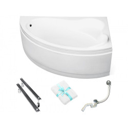 Besco wanna asymetryczna Ada prawa 140x90 z białą obudową, syfonem chrom i nóżkami