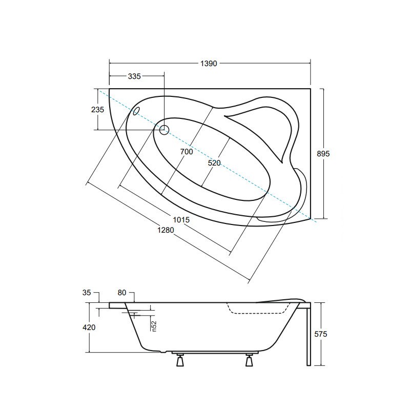 Besco wanna asymetryczna Ada prawa 140x90 z białą obudową, syfonem chrom i nóżkami