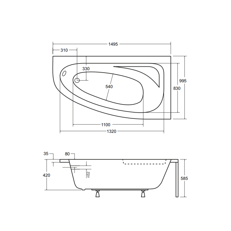 Besco wanna asymetryczna Cornea prawa 150x100 z czarną obudową, syfonem chrom i nóżkami