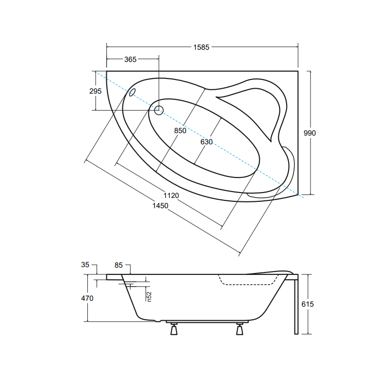 Besco wanna asymetryczna Ada prawa 160x100 z czarną obudową, syfonem chrom i nóżkami