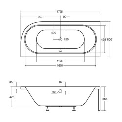 Besco wanna asymetryczna Avita prawa 180x80 z syfonem chrom i nóżkami