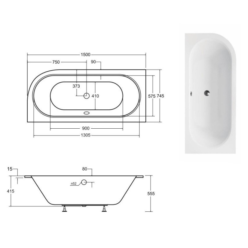 Besco wanna asymetryczna Avita Slim lewa 150x75 z syfonem chrom i nóżkami