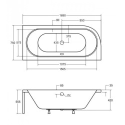 Besco wanna asymetryczna Avita prawa 170x75 z syfonem chrom i nóżkami