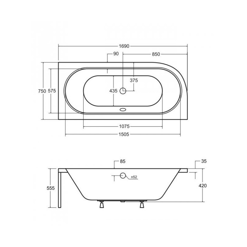 Besco wanna asymetryczna Avita prawa 170x75 z syfonem chrom i nóżkami