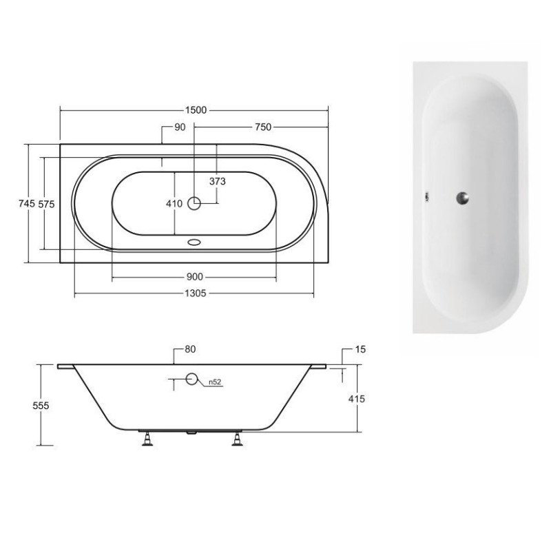 Besco wanna asymetryczna Avita Slim prawa 150x75 z syfonem chrom i nóżkami