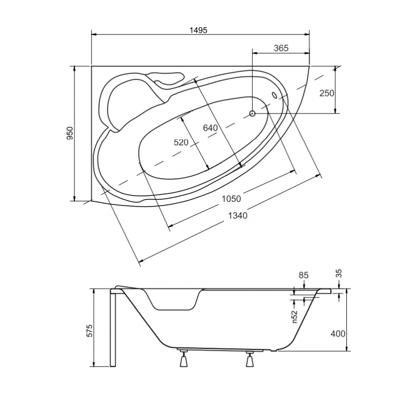 Besco wanna asymetryczna Bianka lewa 150x95 z białą obudową, syfonem chrom i nóżkami