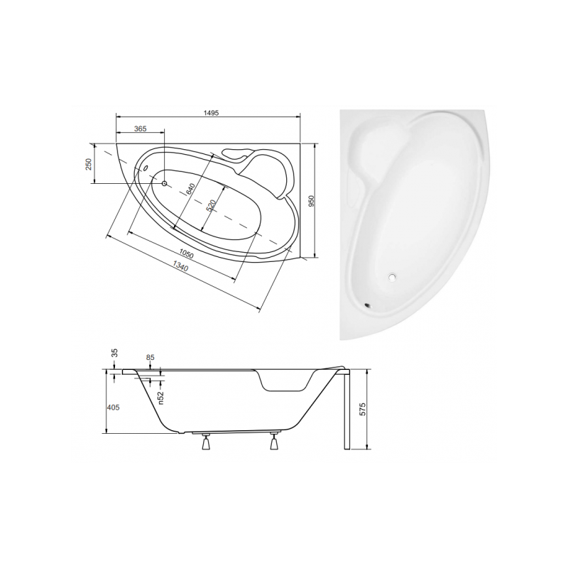 Besco wanna asymetryczna Bianka prawa 150x95 z białą obudową, syfonem chrom i nóżkami
