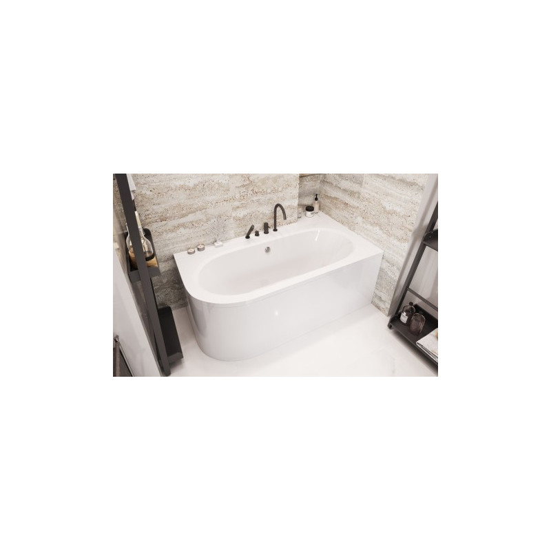 Besco wanna asymetryczna Avita prawa 150x75 z białą obudową, syfonem chrom i nóżkami