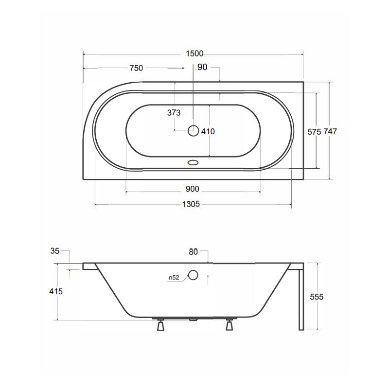 Besco wanna asymetryczna Avita lewa 150x75 z czarną ryflowaną obudową, czarnym syfonem i nóżkami