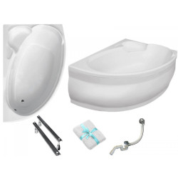 Besco wanna asymetryczna Finezja Nova prawa 140x95 z białą obudową, syfonem i nóżkami