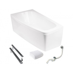 Besco wanna asymetryczna Luna lewa 150x80 z białą obudową, syfonem chrom i nóżkami