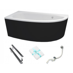 Besco wanna asymetryczna Milena lewa 150x70 z czarną obudową, syfonem chrom i nóżkami