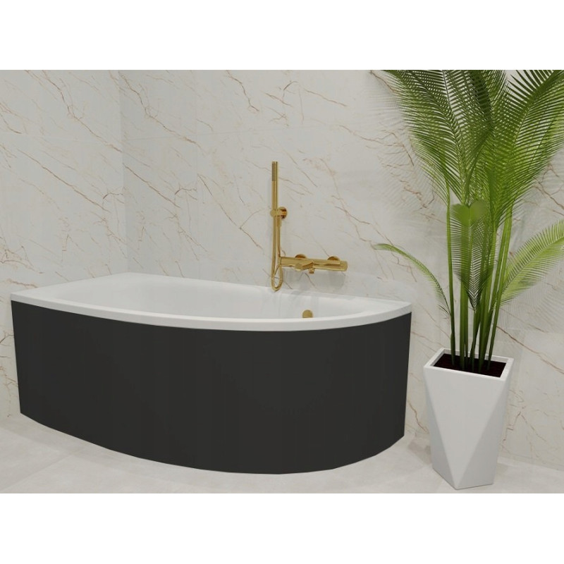 Besco wanna asymetryczna Milena lewa 150x70 z czarną obudową, syfonem chrom i nóżkami