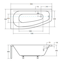 Besco wanna asymetryczna Luna lewa 150x80 z czarną obudową, czarnym syfonem i nóżkami