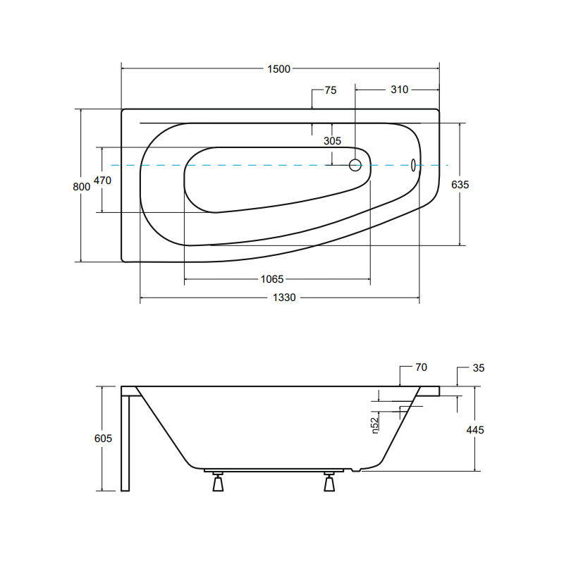 Besco wanna asymetryczna Luna lewa 150x80 z czarną obudową, czarnym syfonem i nóżkami