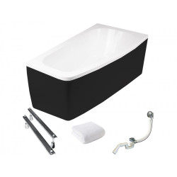 Besco wanna asymetryczna Luna prawa 150x80 z czarną obudową, syfonem chrom i nóżkami