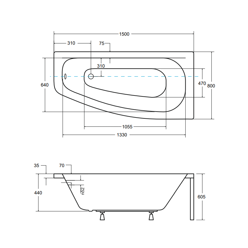 Besco wanna asymetryczna Luna prawa 150x80 z czarną obudową, syfonem chrom i nóżkami