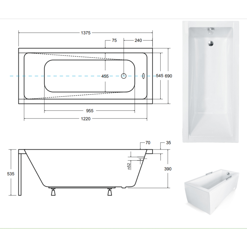 Besco Wanna prostokątna Modern 140x70 z obudową styropianową pod LED, syfonem i nóżkami
